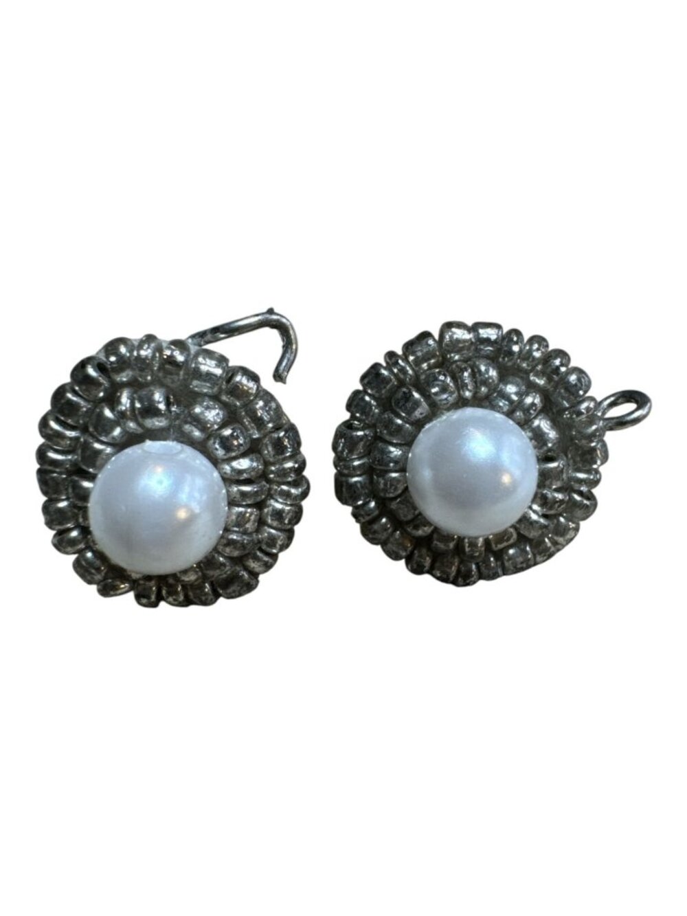 Vintage Faux Pearl & Silver-Toned Beaded Circular Clip-On Earrings